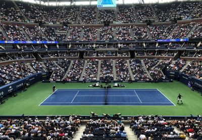 High angle view of people looking at stadium