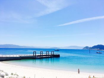 Scenic view of sea against clear blue sky