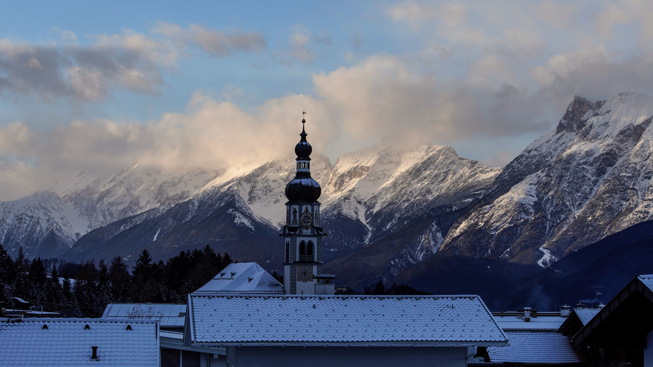 snow, mountain, winter, cold temperature, weather, mountain range, nature, snowcapped mountain, sky, cloud - sky, outdoors, religion, scenics, beauty in nature, no people, spirituality, architecture, day, place of worship, building exterior, range