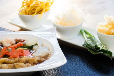 High angle view of food served on table