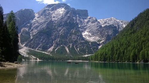 Scenic view of lake and mountains against sky