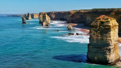 Scenic view of sea against clear blue sky