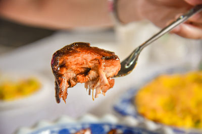 Close-up of hand holding meat