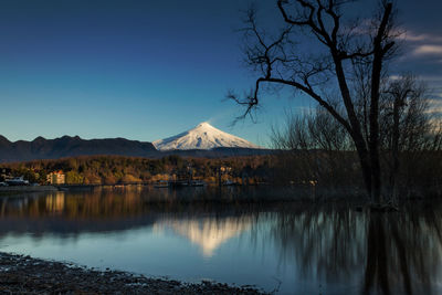 Scenic view of lake by trees against clear blue sky