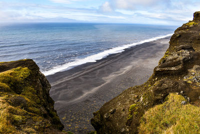 Scenic view of sea against sky at black sand beach in iceland 