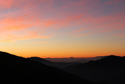 Scenic view of silhouette mountains against sky during sunset