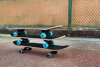 Close-up view of skateboards