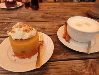 High angle view of coffee served on table