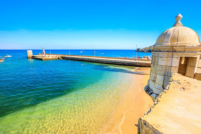 Scenic view of sea against blue sky