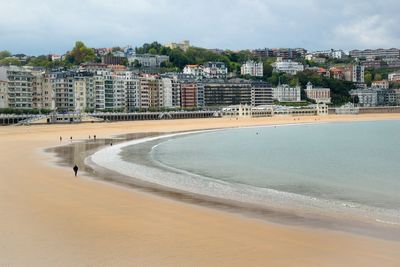 View of beach with city in background