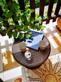 High angle view of coffee served on table