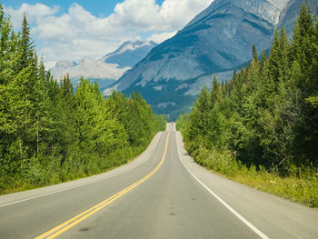 Empty road amidst trees against sky - icefields parkway in the canadian rockies