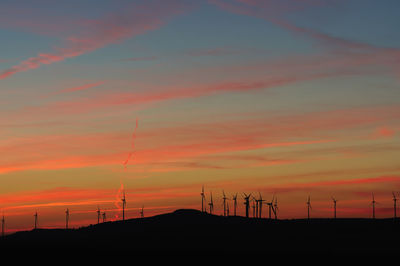 Silhouette of wind turbines against sky during sunset