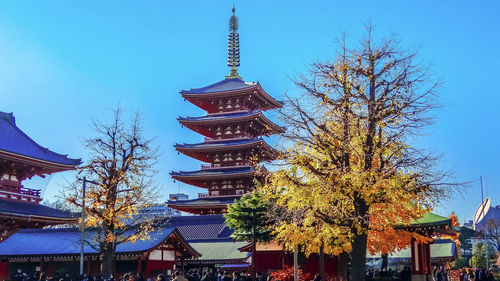 Low angle view of pagoda against clear blue sky