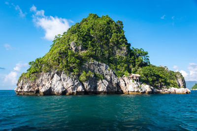 Scenic view of rock formation in sea against sky