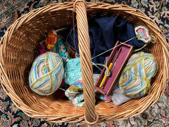 High angle view of wicker basket