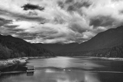 Scenic view of lake against cloudy sky