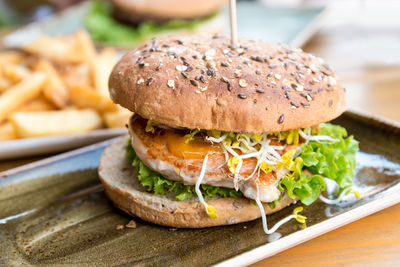 Close-up of burger on table