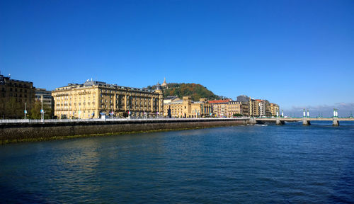 Cityscape by river against clear blue sky