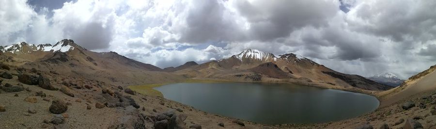 High altitude lagoon and snowcapped mountains in bolivia