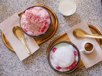 High angle view of breakfast on table