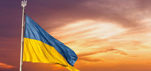 Ukraine flag isolated on the sky with clipping path. close up waving flag of ukraine.flag of ukraine