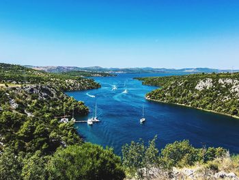 High angle view of boats in sea