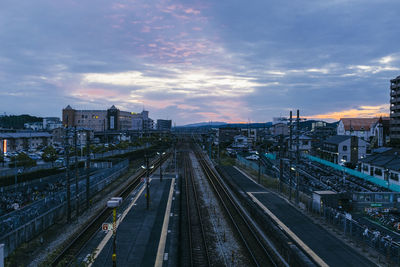 High angle view of railroad tracks amidst buildings in city