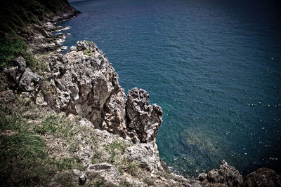 High angle view of rock formation in sea