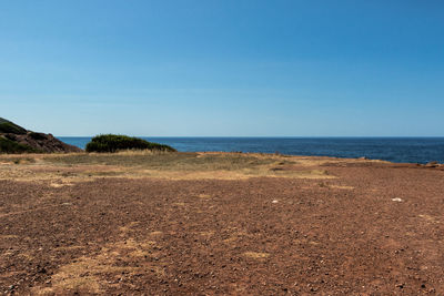 Scenic view of beach against clear blue sky