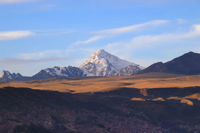 Scenic view of snowcapped mountains against sky