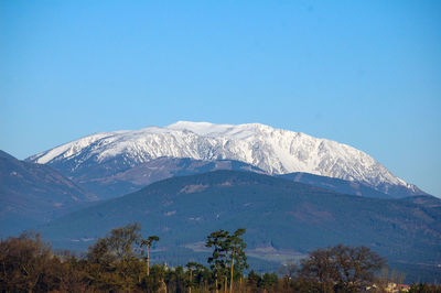 Scenic view of snowcapped mountains against clear blue sky