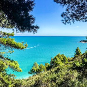 Scenic view of sea against clear blue sky