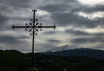 Low angle view of snow covered mountain against sky