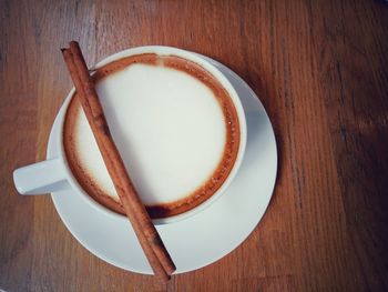 High angle view of coffee cup on table
