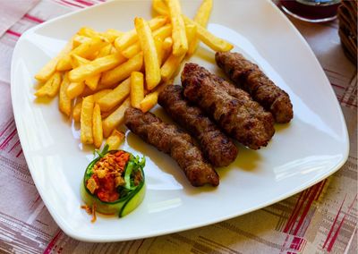 High angle view of food in plate on table