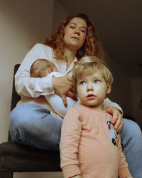 High angle view of mother and son at home