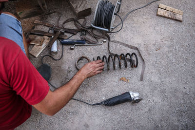 High angle view of man working on field