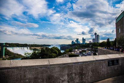 Modern buildings against cloudy sky
