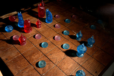 High angle view of chess pieces on table