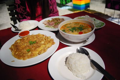 Close-up of food served on table