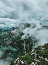 Scenic view of mountains against cloudy sky