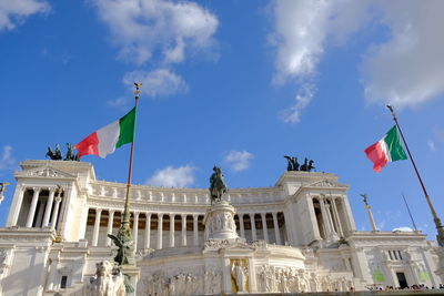 Low angle view of flags against sky