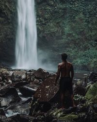 Rear view of man looking at waterfall in forest