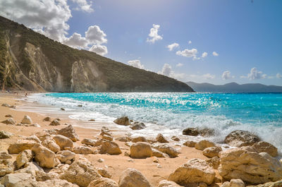 Scenic view of sea against blue sky