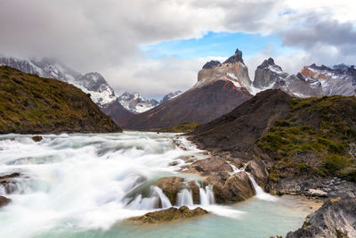 Scenic view of mountains against cloudy sky