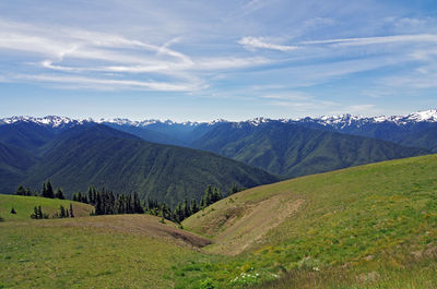 Scenic view of green mountains against sky