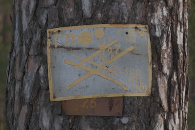 Close-up of rusty sign on tree trunk