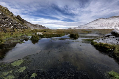 Scenic view of lake and mountains against sky