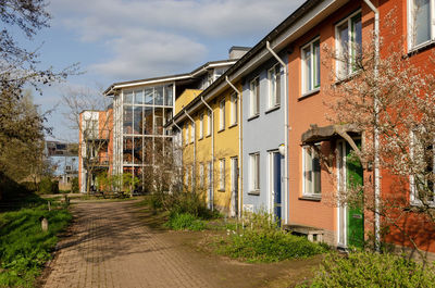 Street with colorfully painted brick facades on an early evening in springtime